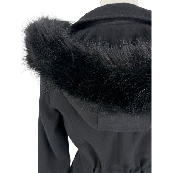Laundry By Shelli Segal Black Wool Faux Fur Trim Hooded Coat | Cozy Quiet Luxury - Picture 13 of 16